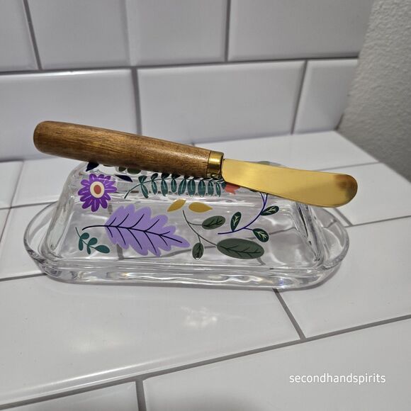 Hand Decorated Clear Glass Covered Butter Dish With Lid 7.25” X 2” W Spreader - Picture 3 of 3